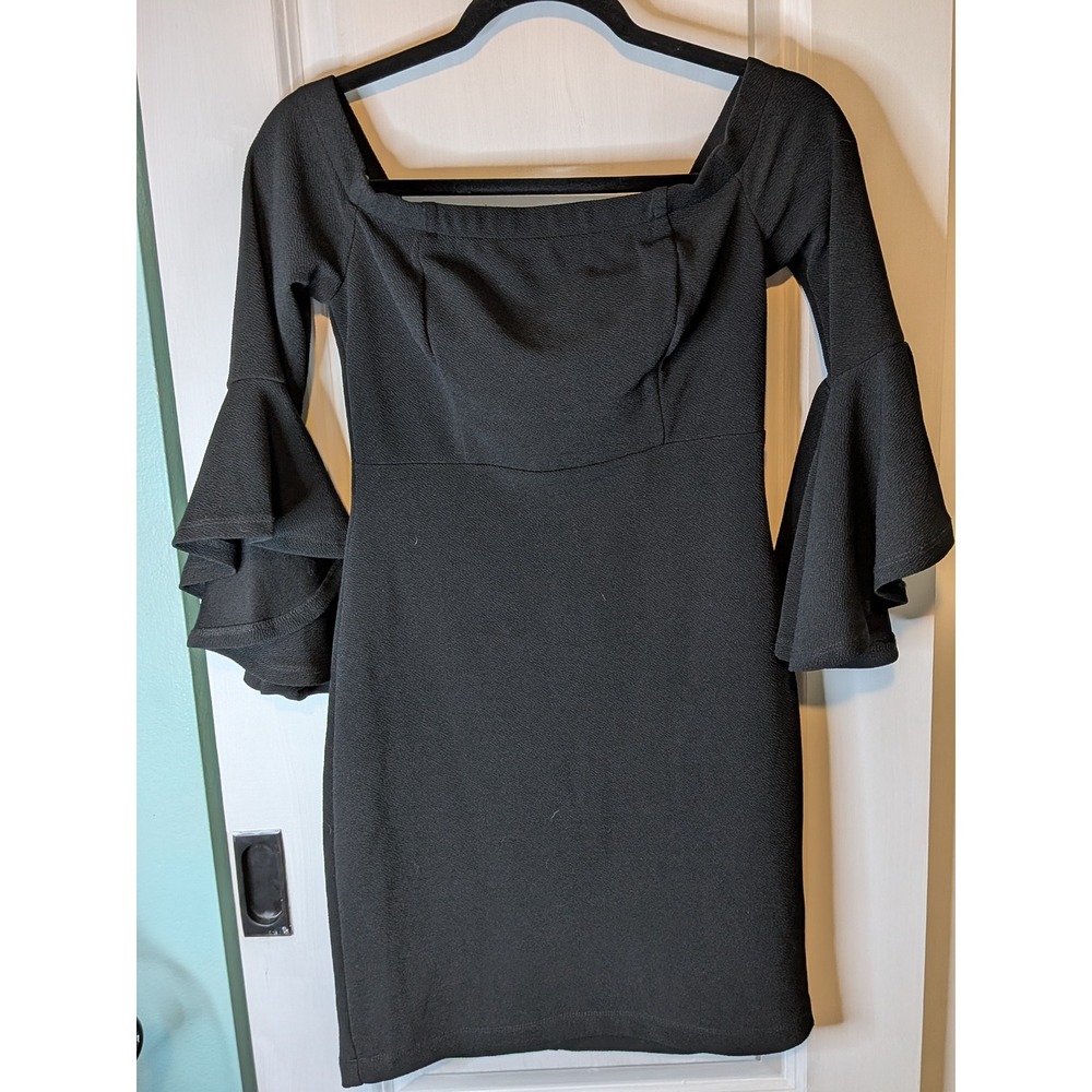 Teeze Me Black Bell Sleeve Bodycon Mini Dress Square Neck Size 9/10 H544592
